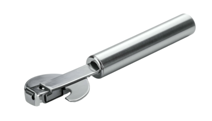 Shiny metal can opener with a smooth, cylindrical handle