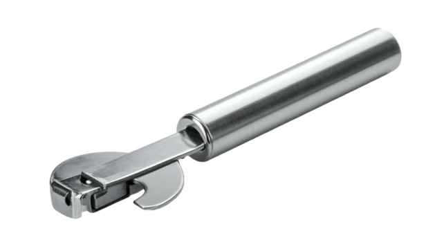 Shiny metal can opener with a smooth, cylindrical handle