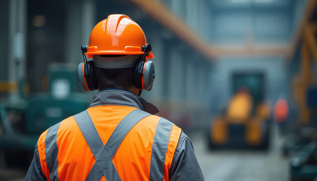 Worker in orange hard hat and vest checks noise levels in factory. Safety officer wears ear protection in industrial setting. Health and safety management.