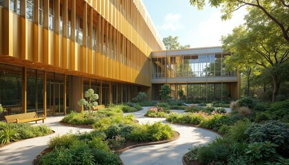 Modern building with natural green plants courtyard. Building facade has gold metal panels and glass windows. Lush plants and trees surround pathways and benches. Biophilic design promotes well-being.