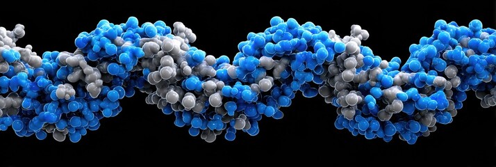 Detailed representation of intertwined molecular chains showcasing various atoms. The colors indicate different elements, emphasizing complex organic chemistry.