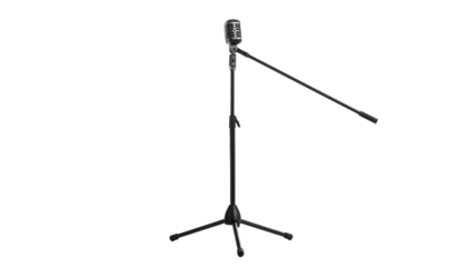 Camera on tripod, attached arm extending right. Black background