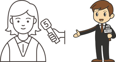 Journalism media icons set featuring interview subject and reporter with microphone and notepad