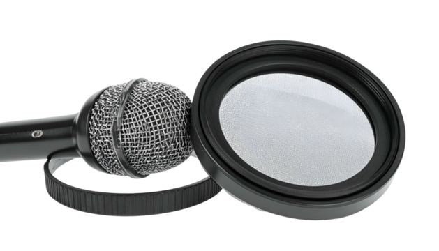 Microphone & pop filter on black. Close up, audio equipment