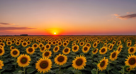 Obraz premium A breathtaking view of a vast sunflower field at sunset, with the golden sun dipping below the horizon, casting a warm glow over the vibrant yellow flowers and creating a picturesque scene