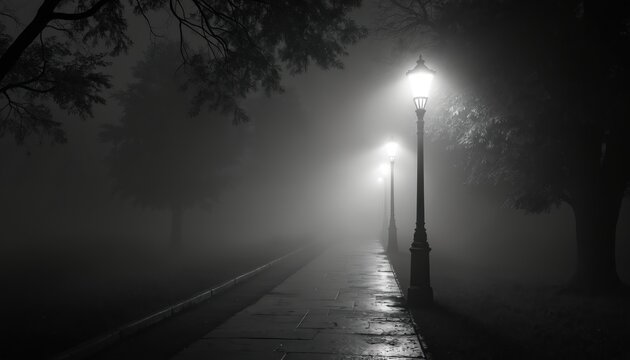 Fototapeta Editorial photo of foggy night pathway with glowing street lamps. Dark trees silhouettes in the mist. Pathway illuminated by soft light at dusk or dawn.