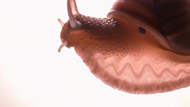 Close up of a slug moving slowly on a white surface.