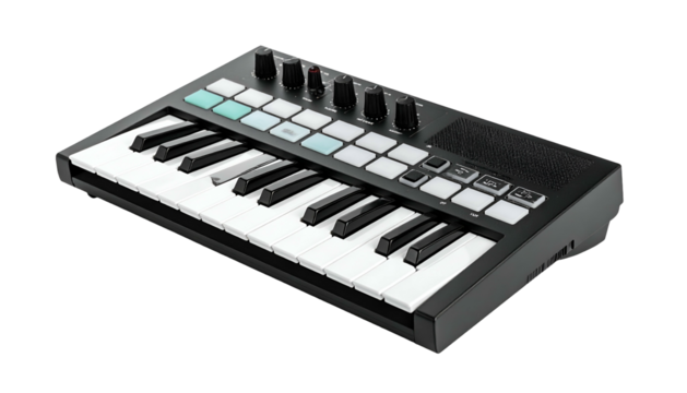 Small, black MIDI keyboard controller with knobs and pads shown