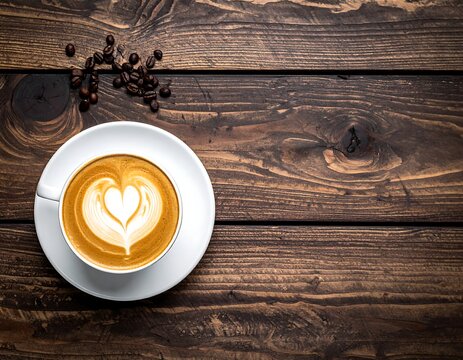 Heart-shaped latte art in a white cup on a rustic, wooden table - Powered by Adobe