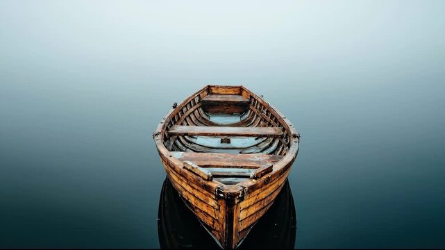 Old wooden rowboat floating peacefully on a tranquil lake.