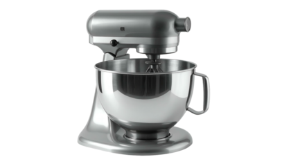 Shiny grey stand mixer with stainless steel bowl and black background