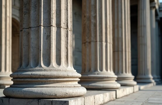 Stone classical columns detail architecture. Tall ancient pillars stand in row, part of historic building exterior. Sunlight creates shadows on fluted surfaces.