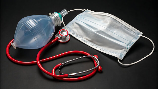 Medical equipment including a mask, stethoscope, and ambu bag on a black background, representing healthcare, emergency, and respiratory support
