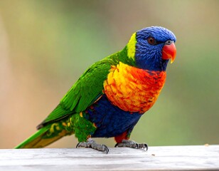 A vibrant, multi-colored parrot perches on a wooden surface with a soft, blurred green backdrop. Close-up shot, showcasing detailed plumage