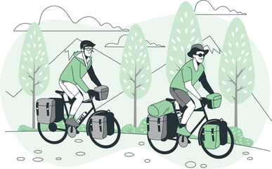 Two Cyclists on a Mountainous Landscape with Trees and Clouds Keywords: cyclists, cycling, bicycles, touring, adventure, travel, mountains, landscape, trees, nature, outdoor, recreation, healthy