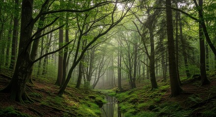 Naklejka premium Enchanting forest landscape showcasing tranquil stream with vibrant foliage and shrouded trees