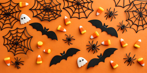 Spooky season flat lay featuring bats, spiders, candy corn, and ghosts on an orange background, perfect for Halloween party invites and social media content