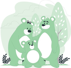 Cartoon family of three green bears in a forest setting with trees and bushes cute