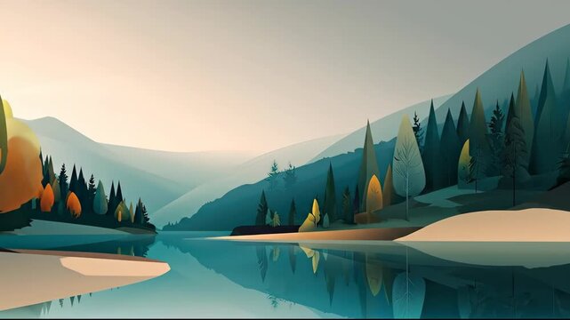 Stylized Natural Scenery with Calm Water and Pine Trees.