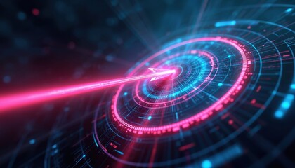 Futuristic digital arrow hits glowing target on abstract circular interface. Neon light streaks towards goal, representing tech achievement, accuracy, progress. High-tech graphic visualizes success.