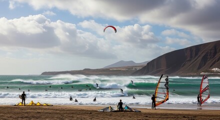 Energetic scene of windsurfers and surfers riding the waves at a coastal beach spot