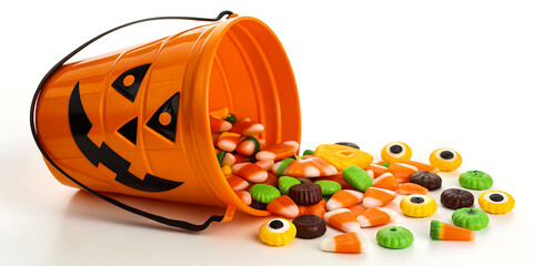 Spilled Halloween candy from a jack-o'-lantern bucket ready for trick-or-treating fun, a sweet and spooky delight for autumn celebrations