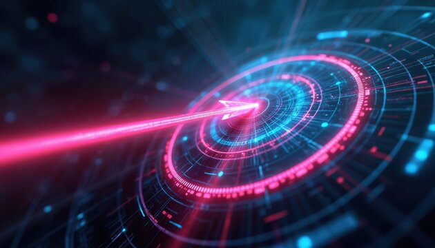 Futuristic digital arrow hits glowing target on abstract circular interface. Neon light streaks towards goal, representing tech achievement, accuracy, progress. High-tech graphic visualizes success.