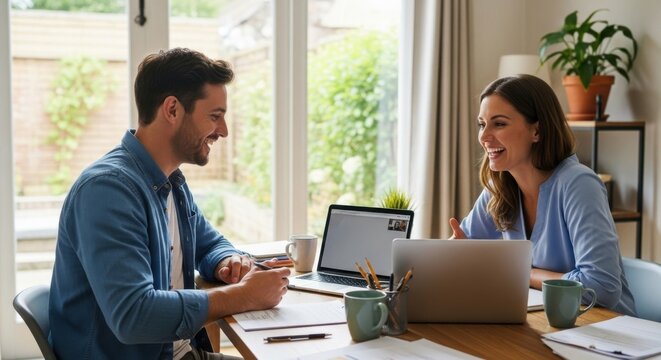 Energetic young entrepreneurs collaborating on laptops in bright home office space creatively