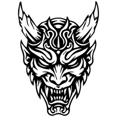 Tribal Demon Mask Vector Illustration – Evil Oni Face Tattoo Design in Black and White