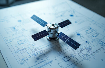 Satellite model rests on technical blueprints. Blue line drawings detail engineering plans and complex circuitry. Solar panels extend from device, showing space tech.