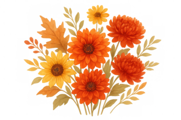 Watercolor autumn floral bouquet with sunflowers, chrysanthemums, and fall leaves illustration, transparent background
