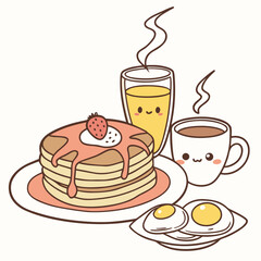 Cute breakfast with pancakes, orange juice, coffee and eggs