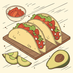 Delicious tacos with fresh vegetables and avocado on wooden board isolated