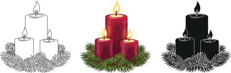Three advent candles in red, black, and outline styles