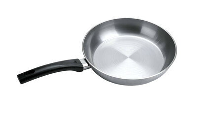 Stainless steel frying pan with black handle, centered view