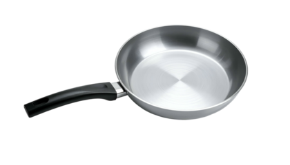Stainless steel frying pan with black handle, centered view