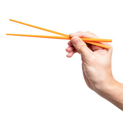 Male hand holding a orange plastic chopstick isolated on white background.