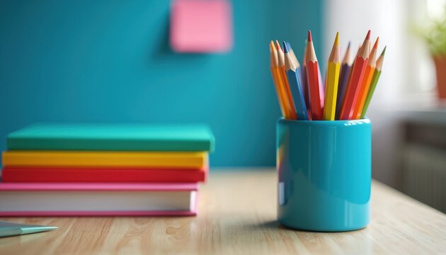 Desk with bright colorful pencils in holder and books stacked. Workplace for study, draw or create artwork. Pencils and books for student, teacher. Back to school concept. Art and design workspace.