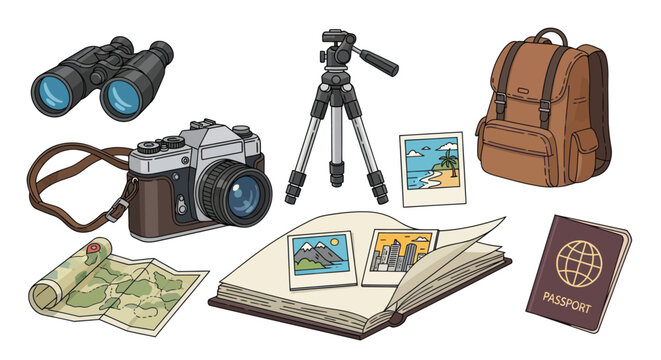 Vintage Camera Binoculars Backpack and Travel Essentials for Adventure.