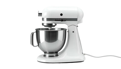 White stand mixer with stainless steel bowl against black background