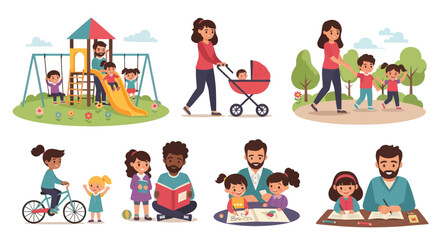Diverse Family Activities and Childhood Moments Illustrated.