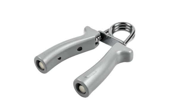 Hand grip exerciser, gray plastic and metal spring, black backdrop