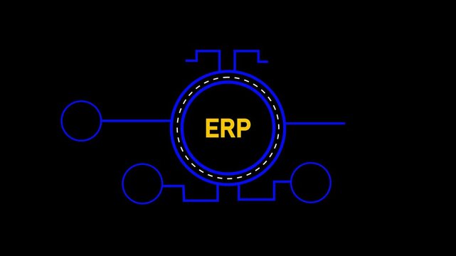 Central ERP Icon Connected to Business Technology and Innovation Symbols on Dark Background enterprise resource planning.