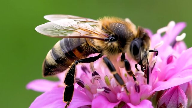 A closeup shot of a busy honey bee diligently collecting nectar and pollen from the vibrant pink blossoms of a chive flower showcasing the intricate details of its fuzzy body and delicate wings again.