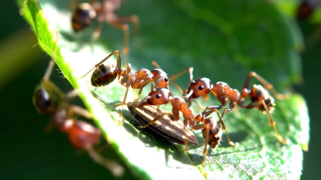 A closeup shot of a group of red ants collaboratively carrying a dead insect across a vibrant green leaf showcasing teamwork and the intricate details of natures ecosystem in bright daylight.