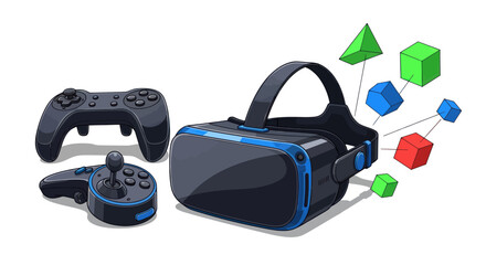 Fototapeta premium Modern Virtual Reality Headset with Game Controllers and Geometric Shapes.
