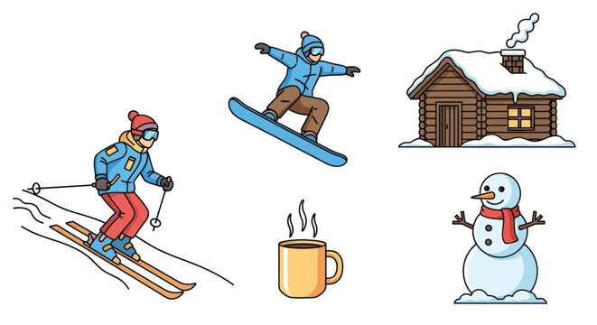 Vibrant hand-drawn winter sports and cozy elements collection.