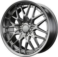 Fototapeta premium A highly polished intricately designed metallic car wheel with a complex spoke pattern featuring numerous lug nut holes and a circular center cap isolate