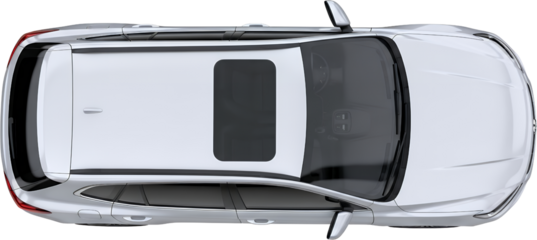 Top view of a white crossover SUV with a panoramic sunroof and tinted windows isolate Car Vehicle Automobile Aerial view Automotive Transportation Driving
