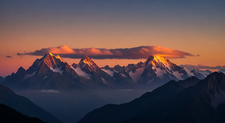 Majestic mountain peaks bathed in the warm glow of the setting sun, with a dramatic cloud formation hovering above, creating a breathtaking alpine landscape at dusk, showcasing the beauty of nature